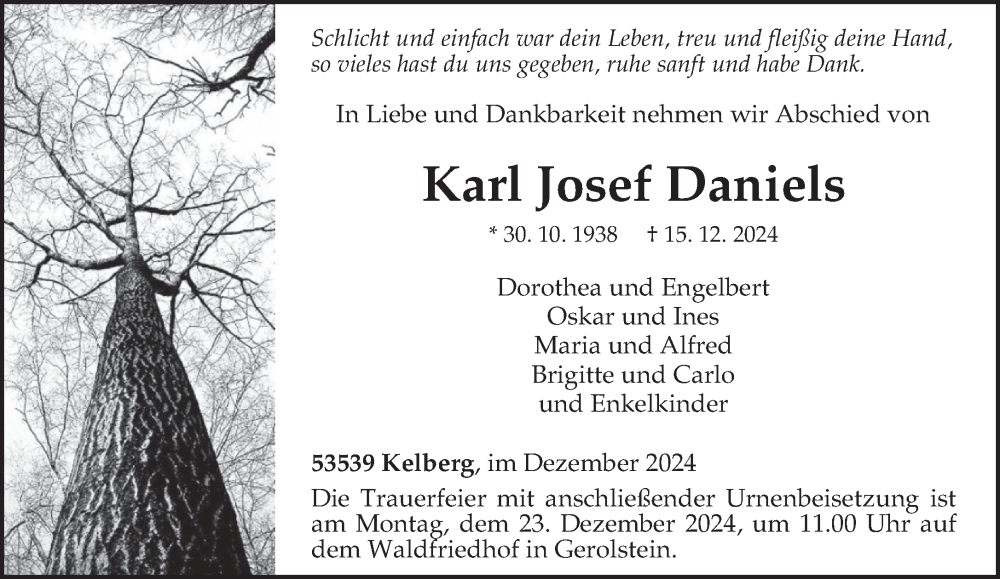  Traueranzeige für Karl Josef Daniels vom 18.12.2024 aus trierischer_volksfreund