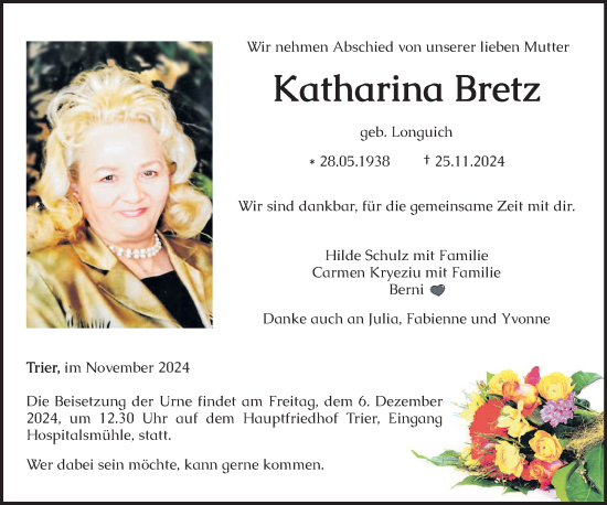 Traueranzeige von Katharina Bretz von trierischer_volksfreund