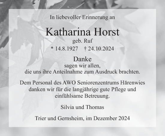 Traueranzeige von Katharina Horst von trierischer_volksfreund