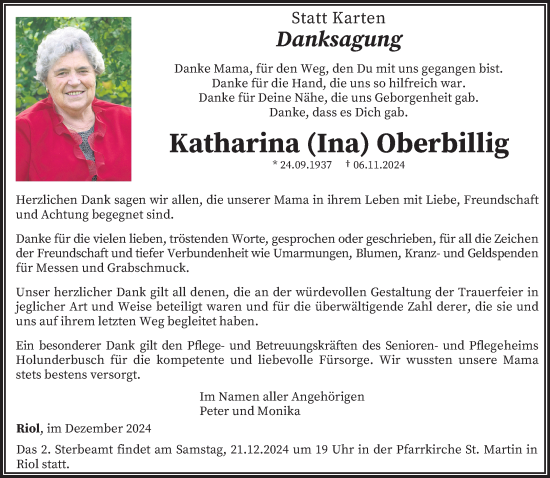 Traueranzeige von Katharina Oberbillig von trierischer_volksfreund