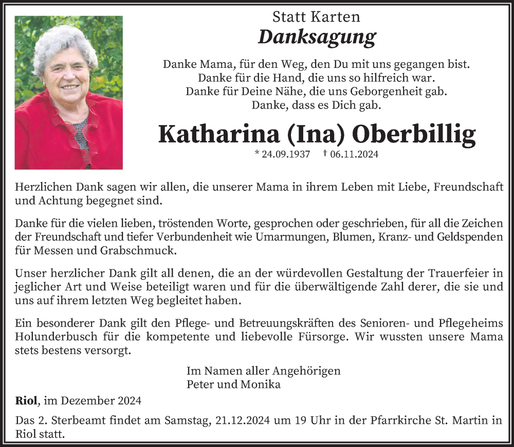  Traueranzeige für Katharina Oberbillig vom 14.12.2024 aus trierischer_volksfreund