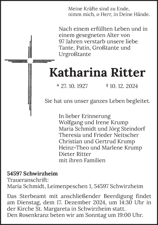 Traueranzeige von Katharina Ritter von trierischer_volksfreund