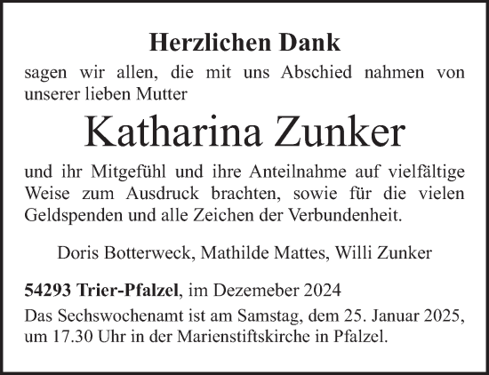 Traueranzeige von Katharina Zunker von trierischer_volksfreund