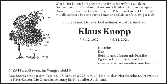 Traueranzeige von Klaus Knopp von trierischer_volksfreund