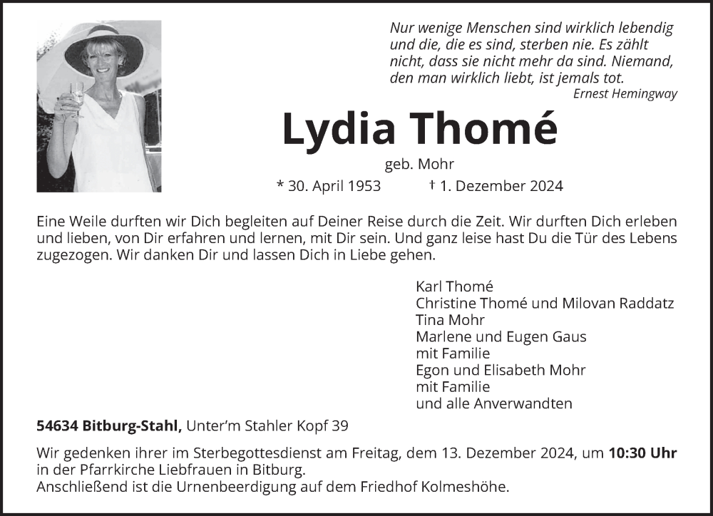  Traueranzeige für Lydia Thome vom 04.12.2024 aus trierischer_volksfreund