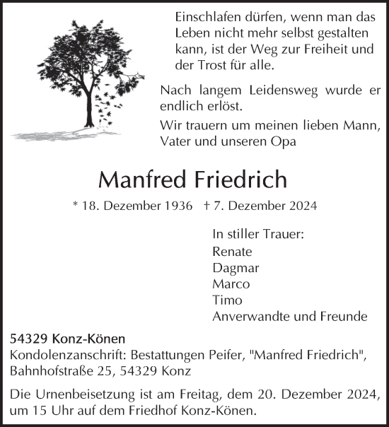 Traueranzeige von Manfred Friedrich von trierischer_volksfreund