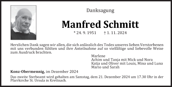 Traueranzeige von Manfred Schmitt von trierischer_volksfreund
