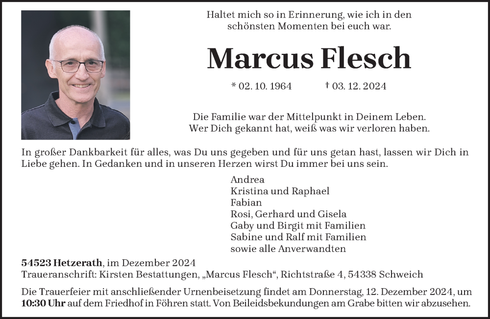  Traueranzeige für Marcus Flesch vom 07.12.2024 aus trierischer_volksfreund