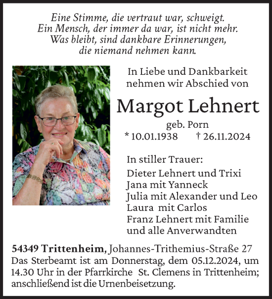 Traueranzeige von Margot Lehnert von trierischer_volksfreund