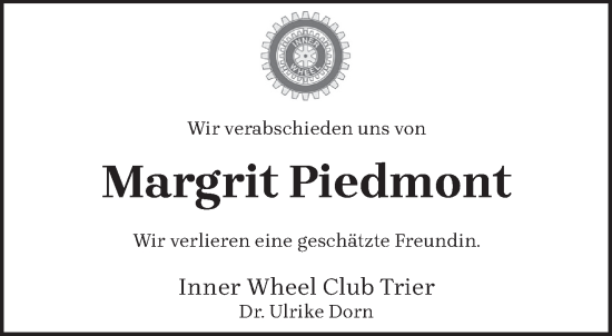 Traueranzeige von Margrit Piedmont von trierischer_volksfreund