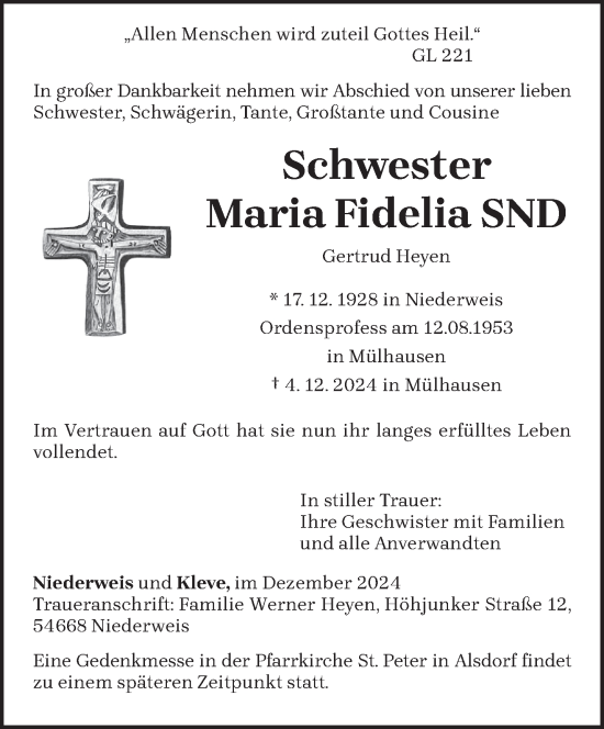 Traueranzeige von Maria Fidelia von trierischer_volksfreund