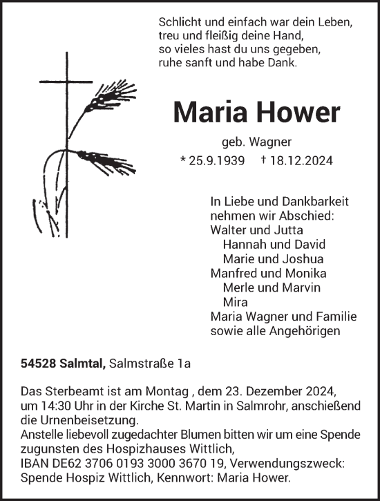 Traueranzeige von Maria Hower von trierischer_volksfreund