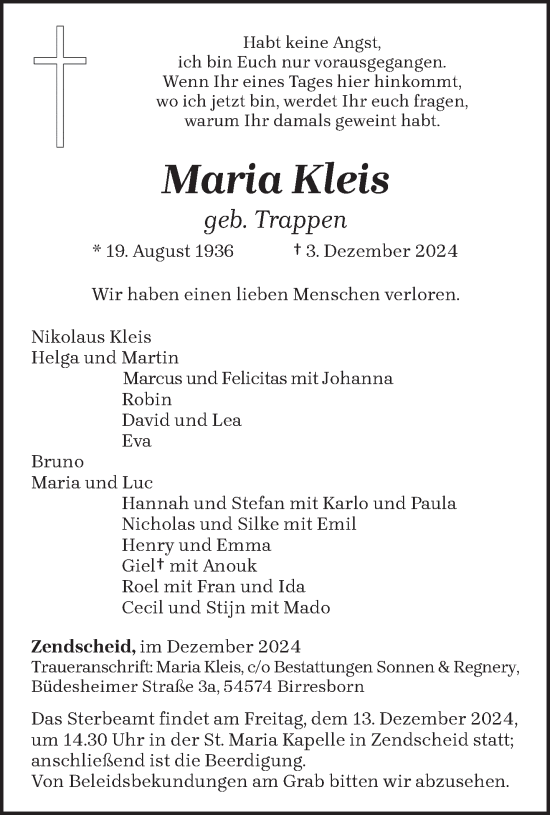 Traueranzeige von Maria Kleis von trierischer_volksfreund