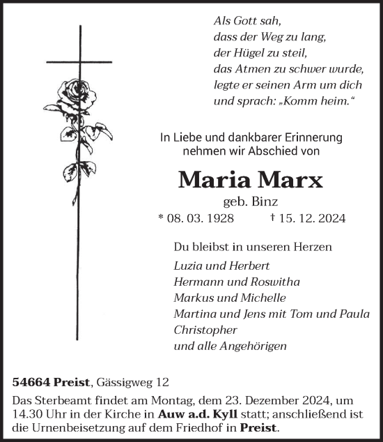 Traueranzeige von Maria Marx von trierischer_volksfreund