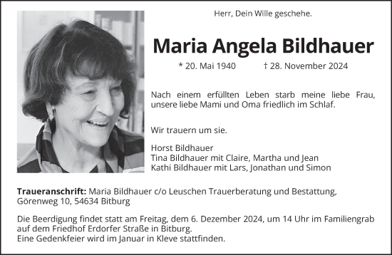 Traueranzeige von Maria Angela Bildhauer von trierischer_volksfreund