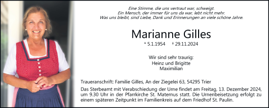 Traueranzeige von Marianne Gilles von trierischer_volksfreund