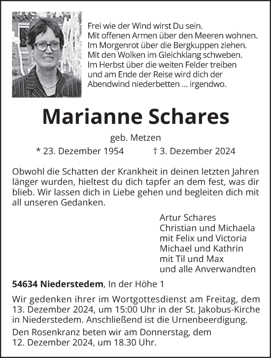 Traueranzeige von Marianne Schares von trierischer_volksfreund