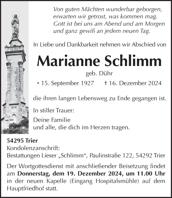 Traueranzeige von Marianne Schlimm von trierischer_volksfreund