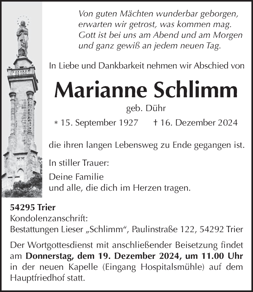  Traueranzeige für Marianne Schlimm vom 18.12.2024 aus trierischer_volksfreund