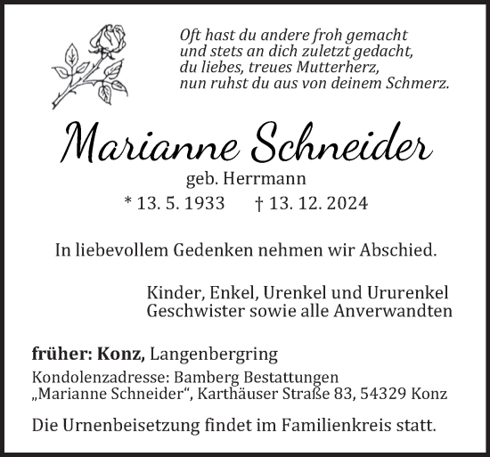 Traueranzeige von Marianne Schneider von trierischer_volksfreund