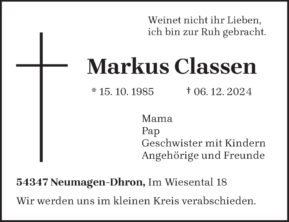  Traueranzeige für Markus Classen vom 13.12.2024 aus trierischer_volksfreund