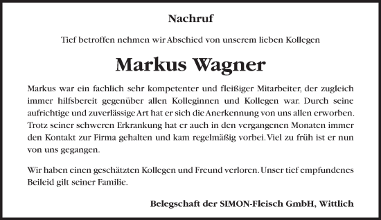 Traueranzeige von Markus Wagner von trierischer_volksfreund