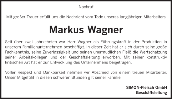 Traueranzeige von Markus Wagner von trierischer_volksfreund