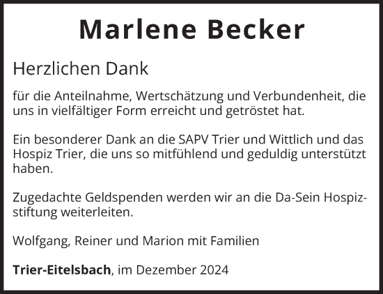 Traueranzeige von Marlene Becker von trierischer_volksfreund