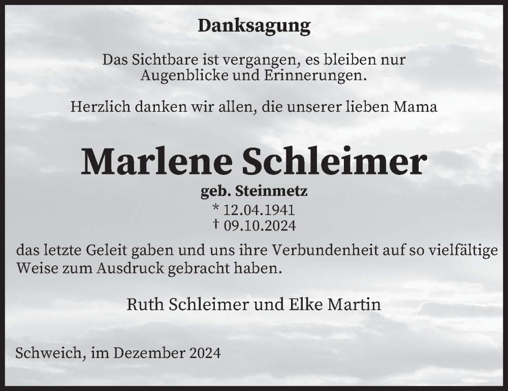  Traueranzeige für Marlene Schleimer vom 14.12.2024 aus trierischer_volksfreund