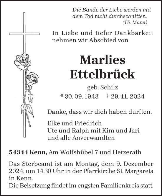 Traueranzeige von Marlies Ettelbrück von trierischer_volksfreund