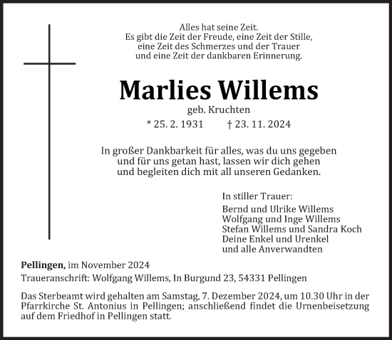 Traueranzeige von Marlies Willems von trierischer_volksfreund