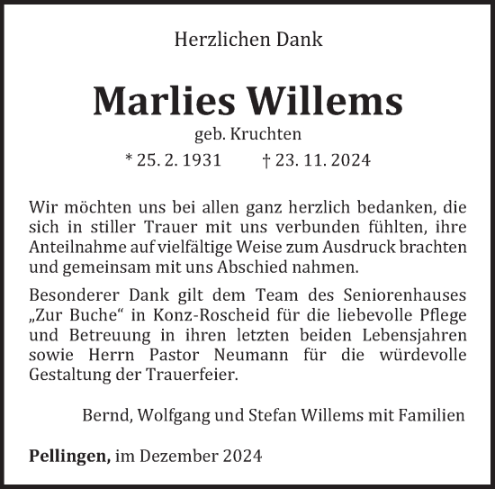 Traueranzeige von Marlies Willems von trierischer_volksfreund