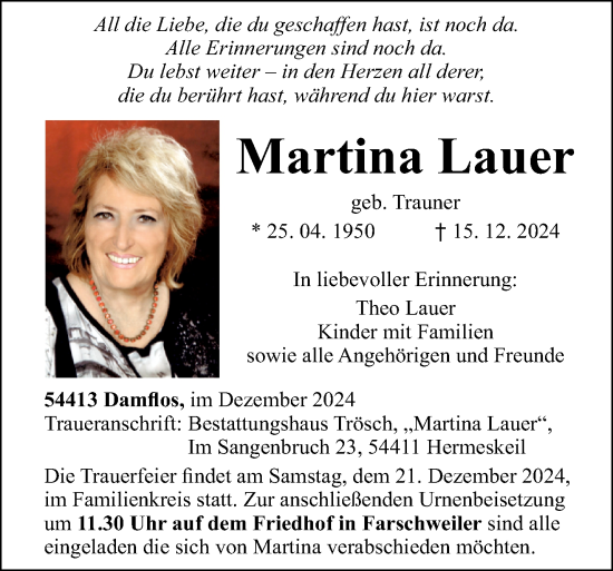 Traueranzeige von Martina Lauer von trierischer_volksfreund