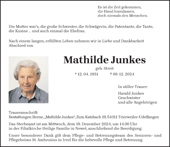 Traueranzeige von Mathilde Junkes von trierischer_volksfreund