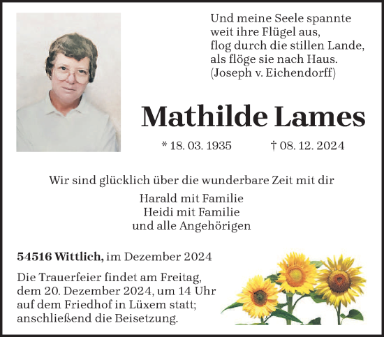 Traueranzeige von Mathilde Lames von trierischer_volksfreund