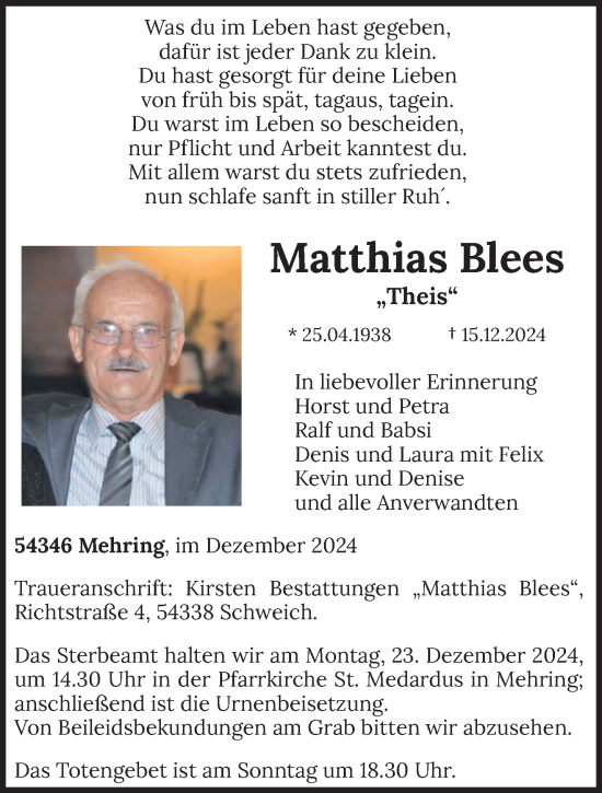 Traueranzeige von Matthias Blees von trierischer_volksfreund