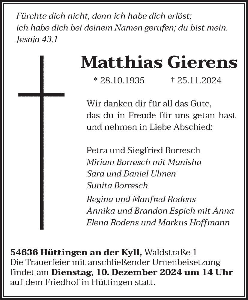  Traueranzeige für Matthias Gierens vom 07.12.2024 aus trierischer_volksfreund