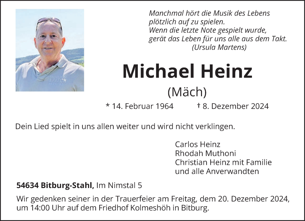  Traueranzeige für Michael Heinz vom 11.12.2024 aus trierischer_volksfreund