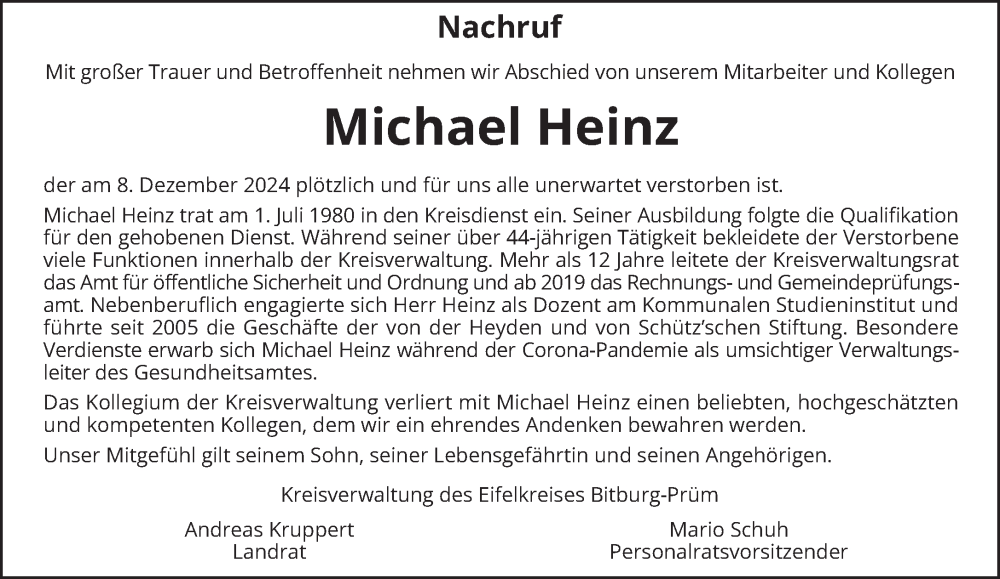  Traueranzeige für Michael Heinz vom 11.12.2024 aus trierischer_volksfreund