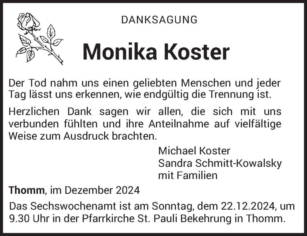  Traueranzeige für Monika Koster vom 14.12.2024 aus trierischer_volksfreund