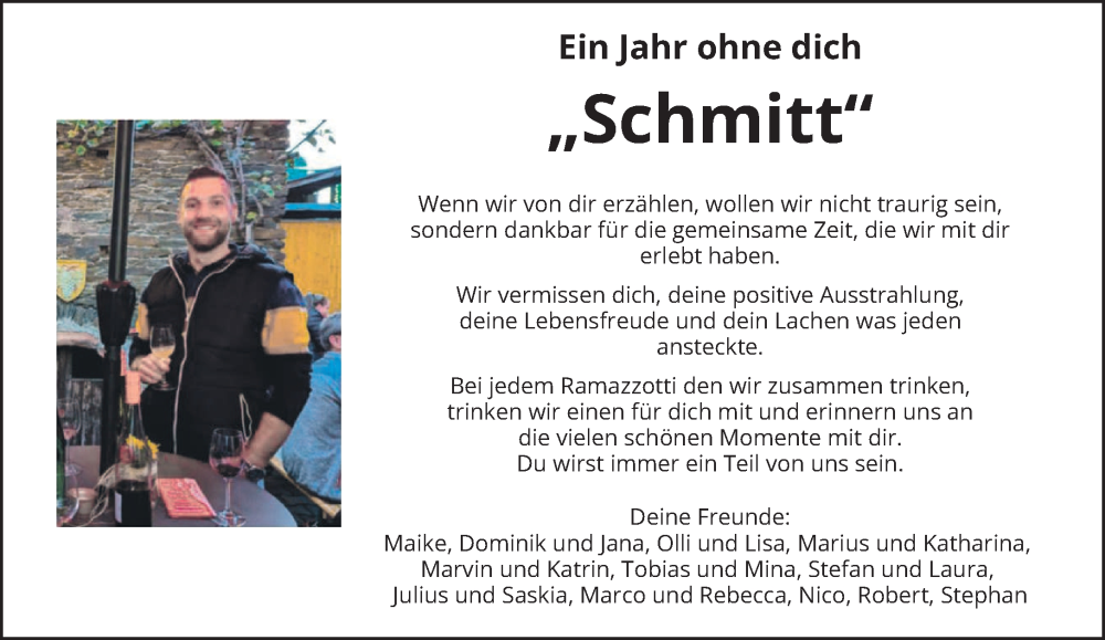  Traueranzeige für Nico Schmitt vom 11.12.2024 aus trierischer_volksfreund