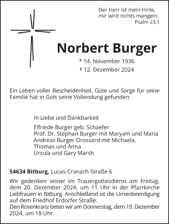 Traueranzeige von Norbert Burger von trierischer_volksfreund