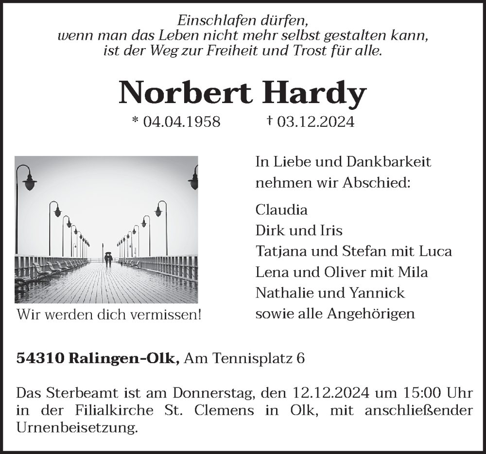  Traueranzeige für Norbert Hardy vom 09.12.2024 aus trierischer_volksfreund