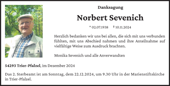 Traueranzeige von Norbert Sevenich von trierischer_volksfreund