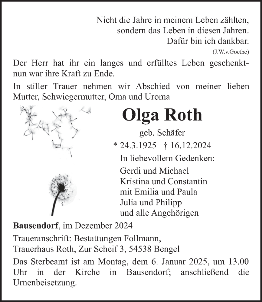  Traueranzeige für Olga Roth vom 28.12.2024 aus trierischer_volksfreund