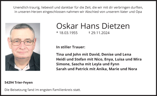 Traueranzeige von Oskar Hans Dietzen von trierischer_volksfreund