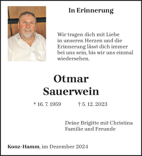 Traueranzeige von Otmar Sauerwein von trierischer_volksfreund