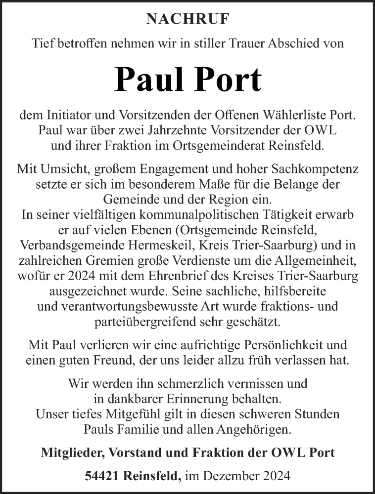  Traueranzeige für Paul Port vom 21.12.2024 aus trierischer_volksfreund