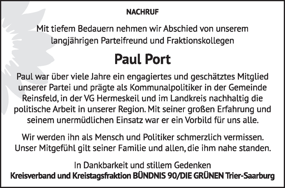 Traueranzeige für Paul Port vom 28.12.2024 aus trierischer_volksfreund