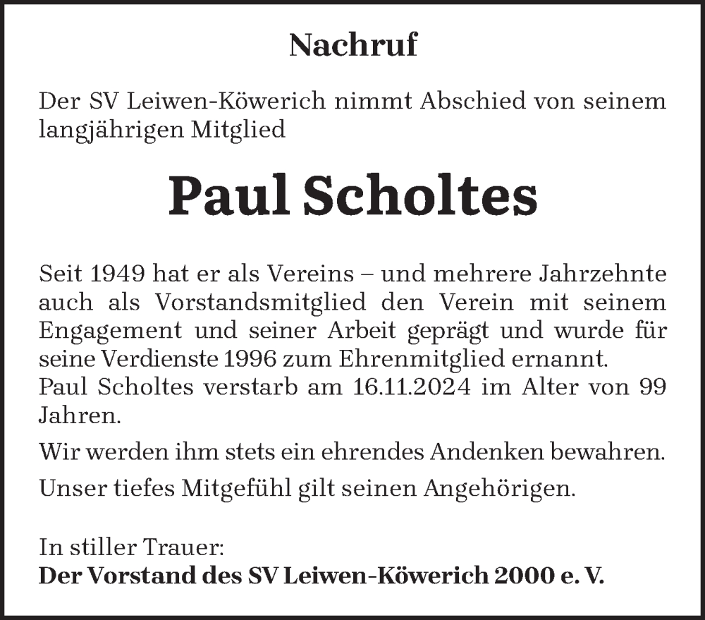 Traueranzeige für Paul Scholtes vom 30.11.2024 aus trierischer_volksfreund